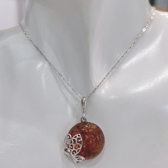 Baltic Amber Sterling Silver Pendant with Butterfly Detail Necklace - Picture 2 of 12